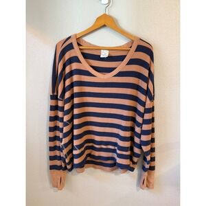 OFFLINE by Aerie Waffle Knit Top Women Med Blue Striped  V-Neck